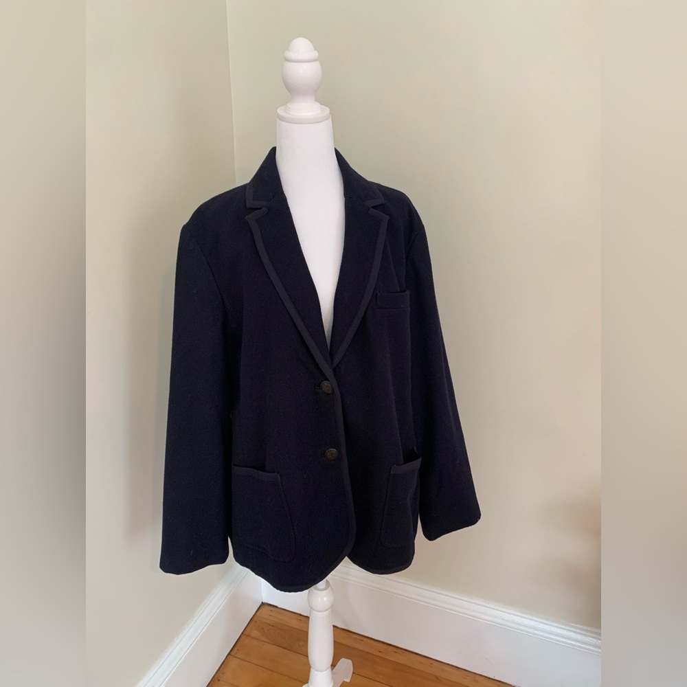 LANDS END navy blue wool blend blazer size 20W 3 button contrast trim LIKE NEW
